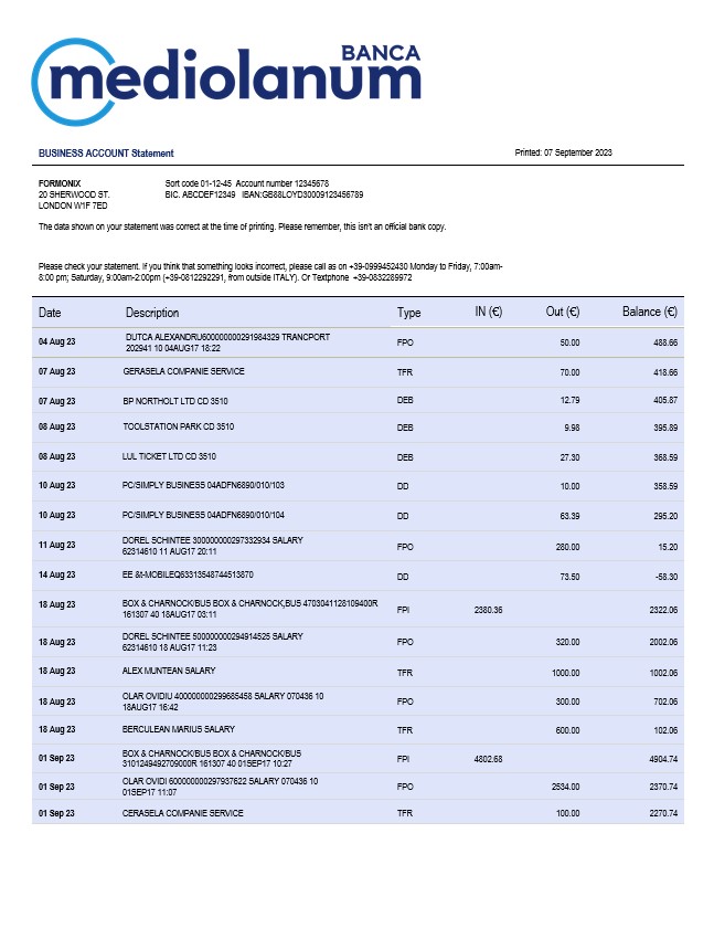Modèle Word et PDF de relevé de compte ferme Banca Mediolanum